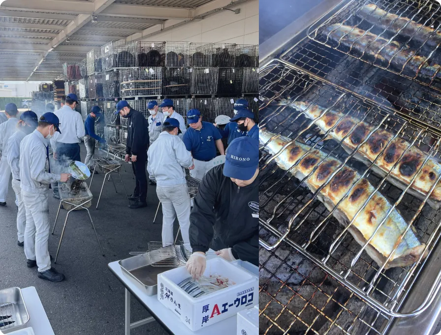 秋のさんま祭りで秋刀魚を焼く様子